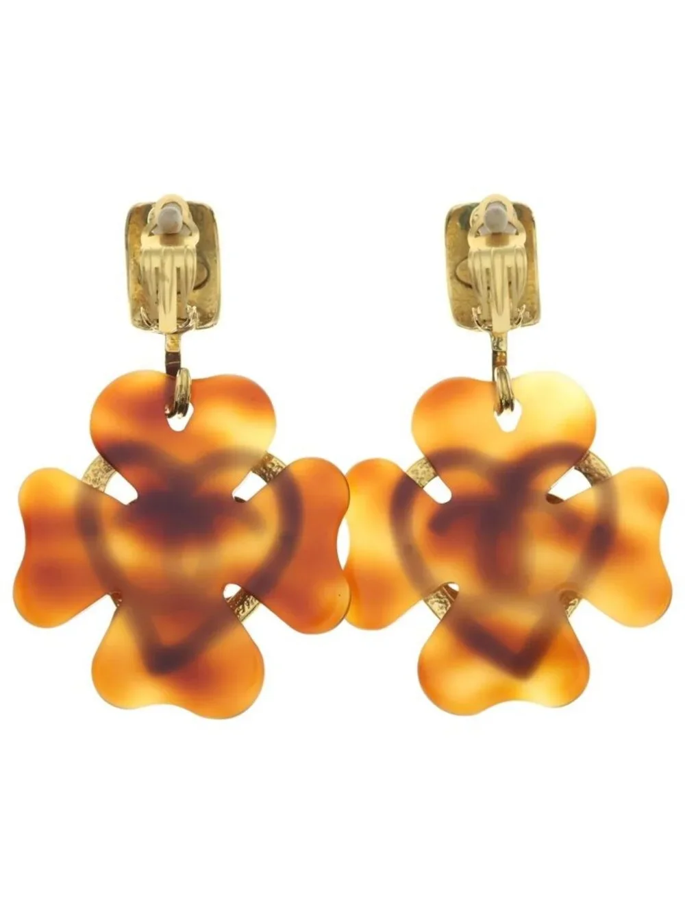Chanel Coco Heart Earrings Gold Brown Pattern